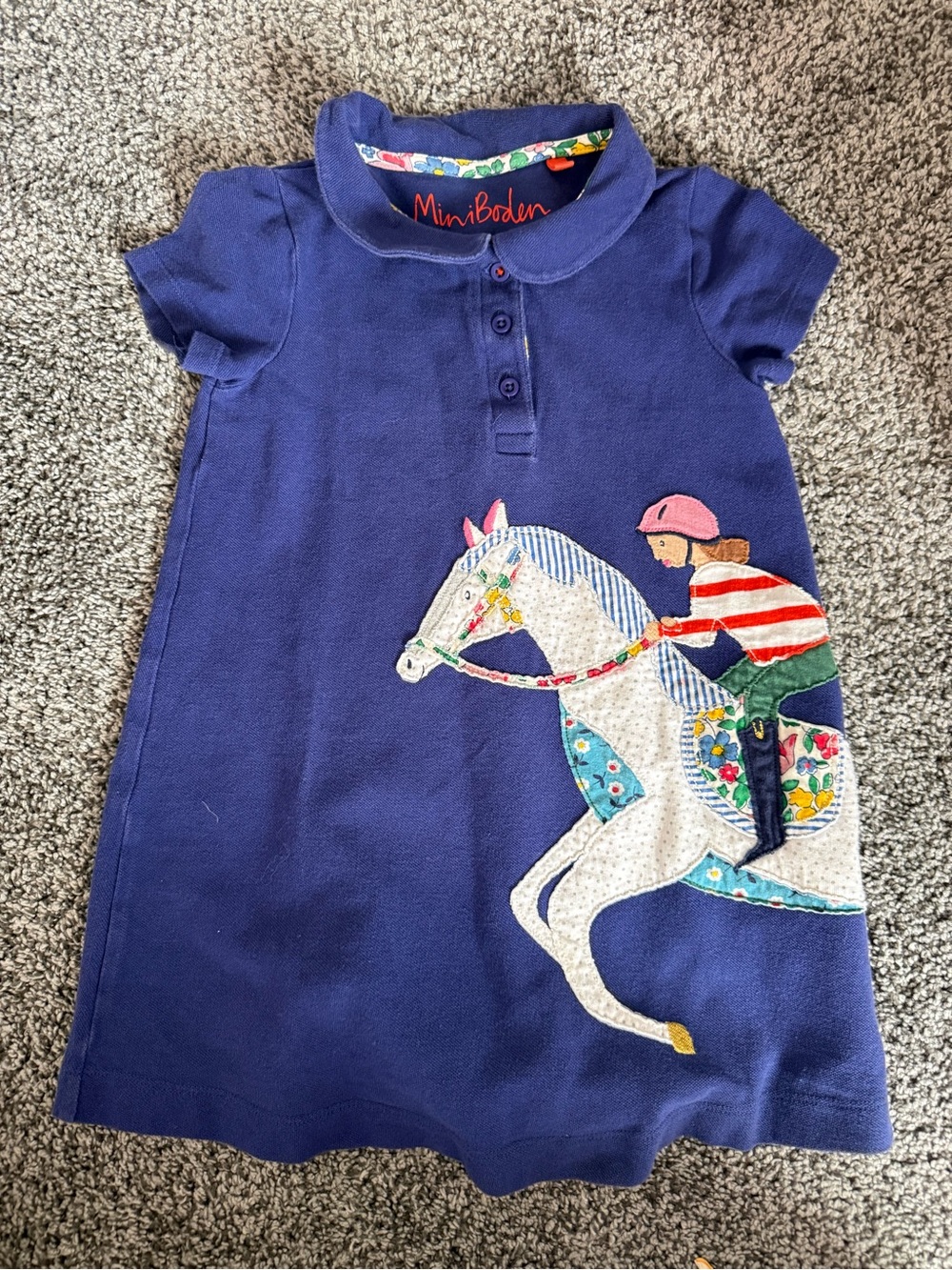 Mini Boden Navy Polo Dress with Colorful Horse Appliqué